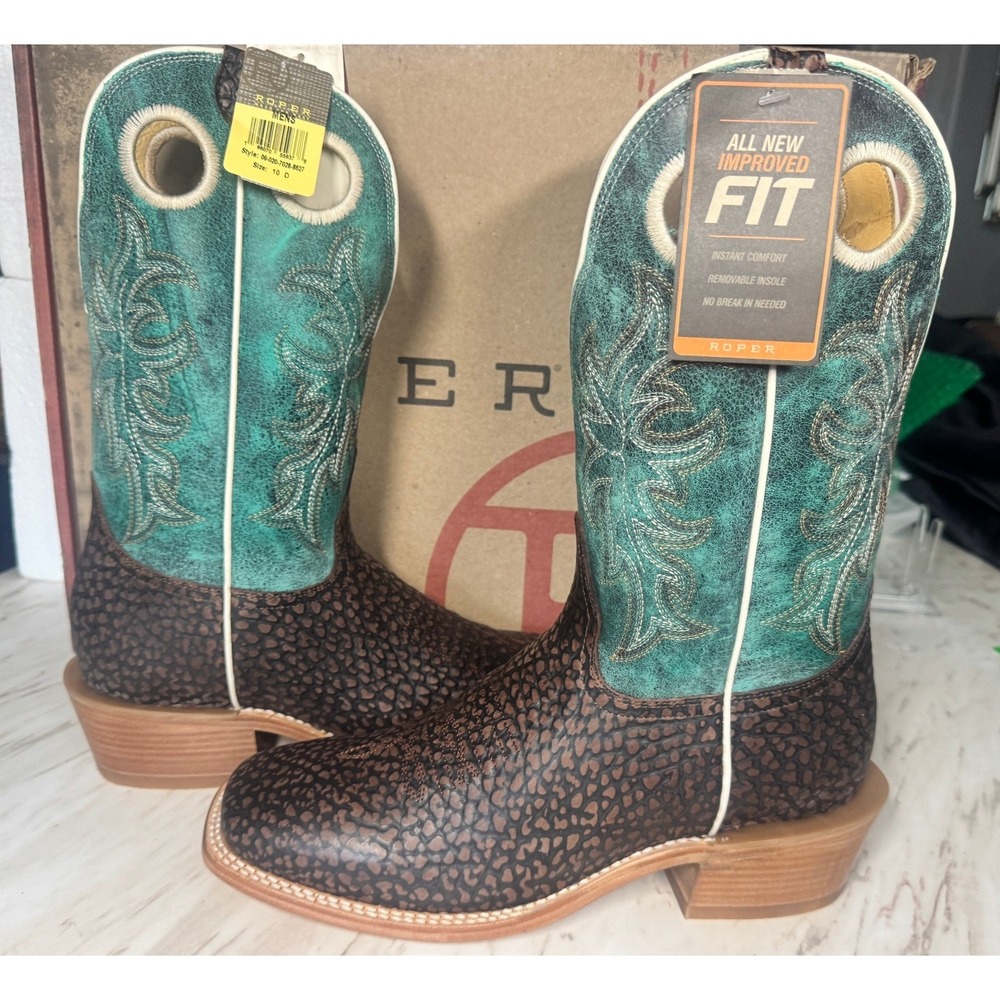 Roper Mens Western Boots Brown Turquoise Square Toe 09-020-7028-8627 Size 10 D